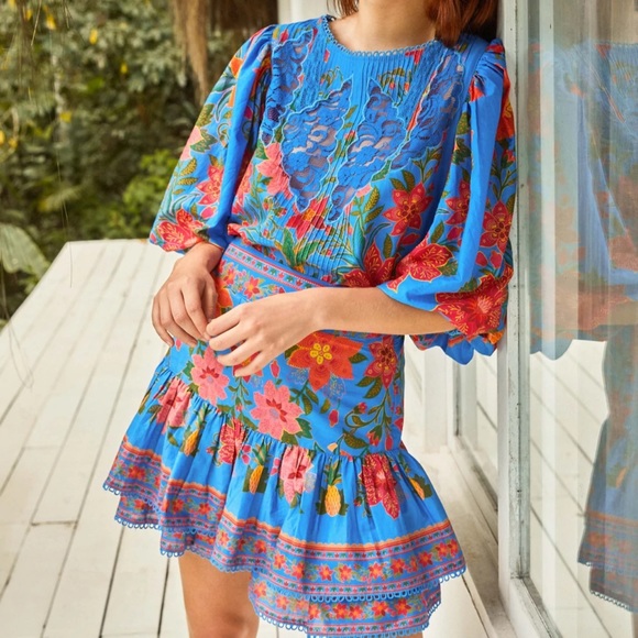 FARM Rio Dresses & Skirts - FARM Rio Blue Tropical Tapestry SET Tiered Skirt & Balloon Sleeve Blouse NWT XS